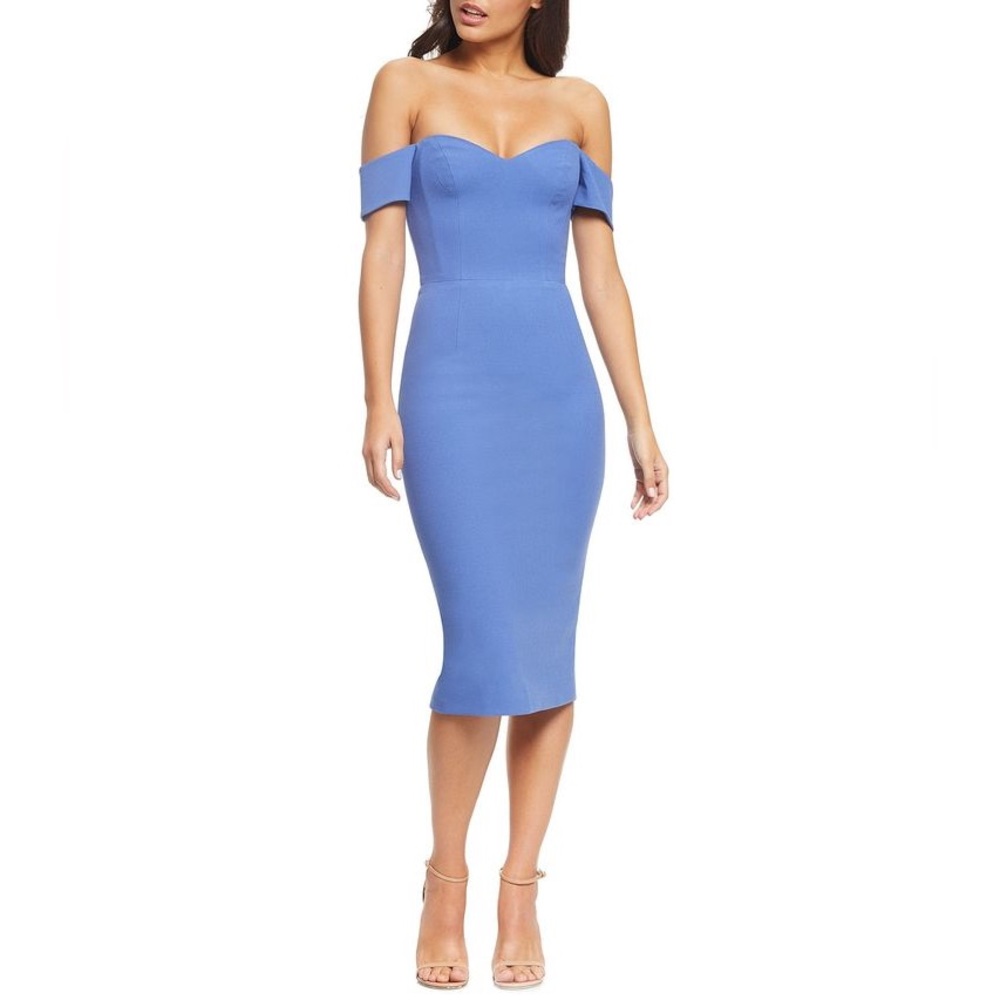 DRESS THE POPULATION Bailey Off the Shoulder Body-Con Dress Blue Jay Small EUC